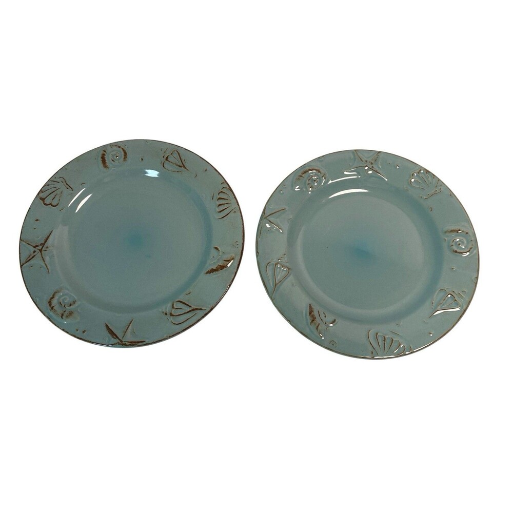 Thomson Pottery Cape Cod Aqua Blue Salad Plates  8.5" Set of 2 Embossed Shells